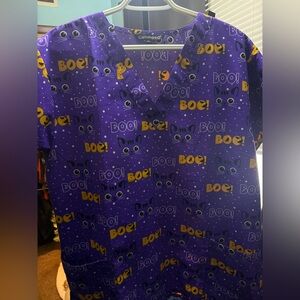 XL Halloween Cat Print Scrub Top